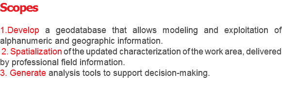Scopes 1.Develop a geodatabase that allows modeling and exploitation of alphanumeric and geographic information. 2. Spatialization of the updated characterization of the work area, delivered by professional field information. 3. Generate analysis tools to support decision-making. 